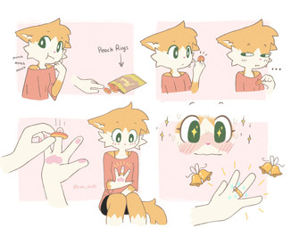 4_panel_comic anthro blush bottomwear cheek_tuft clothed clothing eating facial_tuft fully_clothed fur gloves_(marking) green_eyes head_tuft markings ring shorts sparkles tuft white_body white_fur yellow_body yellow_fur rolo_stuff rolo_(rolo_stuff) domestic_cat felid feline felis mammal 2024 digital_media_(artwork) hi_res signature