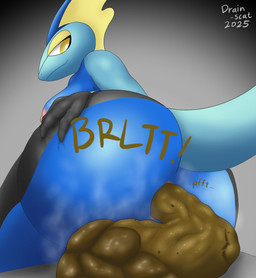 anthro anus big_butt blue_body breasts butt feces feces_in_ass feces_on_ground female hand_on_butt looking_back low-angle_view multicolored_body nipples pooping pooping_on_floor scatplay sitting solo tail worm's-eye_view yellow_eyes drain_scat nintendo pokemon generation_8_pokemon inteleon pokemon_(species) absurd_res hi_res