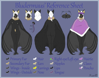 anthro biped blue_border border butt clothed clothing ear_piercing femboy floral flower flower_crown flower_garland fur garland hair head_wreath heterochromia long_hair male membrane_(anatomy) membranous_wings neck_tuft nipples nude open_mouth piercing plant poncho smile solo standing teeth text tongue tuft wings bludermaus bludermaus_(character) bat leaf-nosed_bat mammal microbat vampire_bat yangochiropteran 2016 absurd_res digital_media_(artwork) english_text hi_res model_sheet