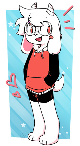 accessory anthro bandage bottomwear clothing eyewear floppy_ears fur glasses hair_accessory hairclip hand_in_pocket heart_symbol hoodie horn legwear male pockets red_eyes shorts smile solo star tail topwear white_body conditional_dnp muffinlewds casper_(drawz_art) bovid caprine goat mammal absurd_res digital_media_(artwork) hi_res