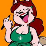 accessory anthro apron apron_only breasts clothing female glass hair hair_accessory logo long_hair marker open_mouth simple_background solo creator_ant starbucks mary_(creator_ant) domestic_cat felid feline felis mammal 1:1 hi_res meme