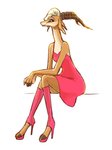 anthro blonde_hair clothed clothing dress female footwear hair high_heels horn looking_at_viewer shoes simple_background sitting smile solo white_background mortic_ox disney zootopia gazelle_(zootopia) antelope bovid gazelle mammal 2016