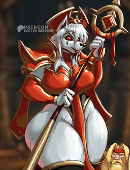 accessory alternate_species anthro armor battle_armor beard big_breasts bottomwear breasts clothed clothing duo facial_hair female female_anthro fur headband loincloth mage_armor makeup male priest priestess_armor red_eyes solo_focus staff the_scarlet_crusade thick_thighs white_body white_fur doctor_awesome blizzard_entertainment warcraft sally_whitemane canid human mammal werecanid werecreature worgen absurd_res hi_res reaction_image