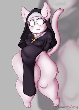 anthro anthrofied female fur huge_hips huge_thighs multicolored_body multicolored_fur nipple_outline nun nun_outfit round_eyes solo thick_thighs two_tone_body two_tone_fur wide_hips unweirdocualq mewgenics marshmallow_(mewgenics) domestic_cat felid feline felis mammal hi_res