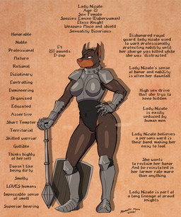 breasts fantasy female knight musk text warrior cackle_conquest nikki_(aromatic_hyena) canid canine canis dobermann domestic_dog mammal pinscher english_text hi_res model_sheet