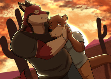 anthro cactus clothing desert duo hug hugging_another male male/male plant shirt sunset topwear dragokaizer666 echo_(game) echo_(series) echo_project chase_hunter leo_alvarez canid canine canis mammal mustelid otter wolf absurd_res hi_res