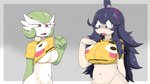 annoyed big_breasts bottomless breasts cleavage clothed clothing duo emoji_clothing female flustered_face_emoji flustered_face_emoji_t-shirt grey_background huge_breasts nipple_outline not_furry open_mouth simple_background under_boob putryfarm bulging_smiley_shirt_meme nintendo pokemon hex_maniac gardevoir generation_3_pokemon human humanoid mammal pokemon_(species) 16:9 widescreen