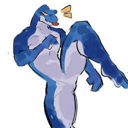 anthro blue_body countershading featureless_crotch kick looking_at_viewer male muscular muscular_anthro muscular_male nude null raised_leg solo tongue tongue_out white_body white_countershading yellow_eyes majinruii niko_(mkwniko) amphibian frog 1:1 hi_res