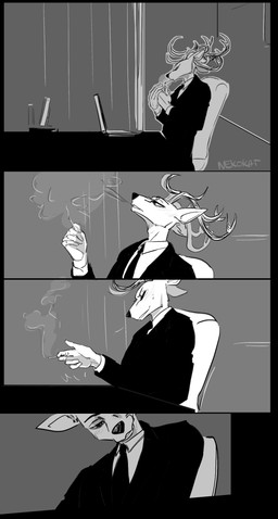 anthro antlers business_suit cigarette clothed clothing desk four_frame_image furniture horn male sitting smoking solo suit table nekokat42 beastars louis_(beastars) cervine deer mammal red_deer 4koma comic greyscale hi_res monochrome