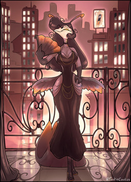 antenna_hair anthro balcony beak beverage big_breasts billboard breasts building choker city cityscape collar curly_hair curtains elegant_dress female glowing glowing_eyes hair hand_fan hand_on_hip happy jewelry looking_at_viewer necklace railing reflection reflective_floor smile solo spread_wings victorian wide_hipped_anthro wide_hipped_female wide_hips window window_light wings tookiecookies hellaverse helluva_boss hollow_hip_backless_chain_dress fan_character avian bird demon absurd_res hi_res