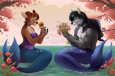 anthro bare_shoulders black_hair blue_body blue_eyes blue_highlights blue_scales breasts broad_shoulders brown_body brown_fur cleavage clothed clothed_female clothing countershading dipstick_ears duo ear_markings female flower fur glistening glistening_hair grey_body grey_fur grey_sky hair highlights_(coloring) holding_flower holding_object jewelry long_hair male markings mermaid_tail multicolored_ears muscular muscular_male necklace nipples pecs pink_flower pink_leaves plant scales sea shoulderless_topwear sitting sky smile split_form strapless_clothing strapless_topwear topless topless_male topwear tree water white_body white_countershading white_fur yellow_flower elke_(artist) mermay luna_buckworth maku_(masterofwolves99) aquatic canid canine canis deer mammal merfolk wolf 2026 hi_res story story_in_description