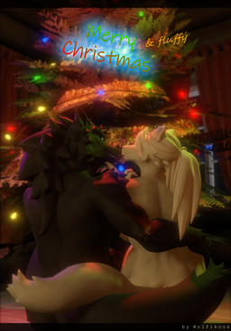 anthro anthro_on_anthro black_body black_fur butt christmas_tree duo female fur hair holidays male male/female nude nude_anthro nude_female nude_male plant tail text tree white_body white_fur white_hair wolfikous christmas canid canine canis mammal wolf 3d_(artwork) digital_media_(artwork) english_text hi_res source_filmmaker_(artwork)