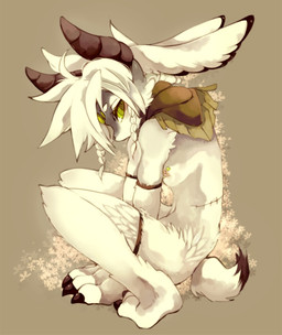 anthro barefoot black_nose braided_hair crouching feet fingers fluffy fluffy_tail fur green_eyes grey_body grey_fur hair horn kemono looking_at_viewer male mostly_nude scar solo tail toes white_body white_fur white_hair toumitu mammal 2015