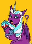 apple blue_eyes blue_eyeshadow ear_tuft eyeshadow fangs female feral food fruit hooves horn makeup membrane_(anatomy) membranous_wings orange_background plant pupils purple_body question_mark simple_background slit_pupils solo teeth tuft wings marenlicious hasbro mlp_g5 my_little_pony mythology opaline_(mlp) bat_pony equid equine hybrid mammal mythological_creature mythological_equine winged_unicorn digital_media_(artwork) microsoft_paint_(artwork)