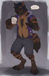 anthro barefoot belly body_hair bottomwear chest_hair clothed clothing container cup digitigrade eyebrows feet hoodie male mug open_clothing open_shirt open_topwear shirt shorts slightly_chubby solo stripes topwear enro_the_mutt marrow_(sebastiansb) brown_hyena hyena mammal 2022 absurd_res hi_res