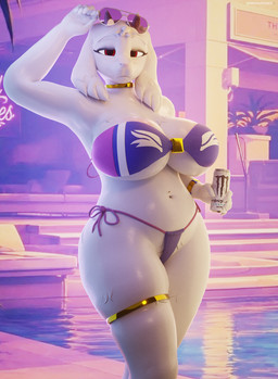 5_fingers anthro beverage beverage_can big_breasts bikini breasts choker cleavage clothed clothing curvy_figure eyebrows eyelashes eyewear eyewear_on_head female fingers floppy_ears fur holding_beverage holding_object huge_breasts jewelry legband looking_at_viewer mature_female necklace side-tie_bikini skimpy smile solo string_bikini sunglasses sunglasses_on_head swimwear thick_thighs thighband two-piece_swimsuit under_boob voluptuous wearing_sunglasses white_body white_fur wide_hips darkflash23 grand_theft_auto_vi gta_vi_cover_girl monster_energy undertale_(series) toriel boss_monster_(undertale) bovid caprine goat mammal 2026 3d_(artwork) absurd_res digital_media_(artwork) hi_res