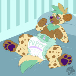 4_fingers 4_toes ambiguous_gender anthro big_diaper blush blush_lines bodily_fluids brown_body brown_fur brown_hair brown_inner_ear brown_spots claws clean_diaper clothed clothing crib diaper diaper_only digitigrade dipstick_ears dipstick_tail drooling ear_markings feet finger_claws fingers fur gloves_(marking) green_background green_body green_ear_tips green_fur green_hair green_tail green_tail_tip hair high-angle_view hypnosis leg_markings logo lying markings mind_control multicolored_body multicolored_ears multicolored_fur multicolored_hair on_back on_pillow pawpads pillow purple_claws purple_nose purple_pawpads purple_tongue ringed_eyes saliva simple_background smile snaggle_tooth socks_(marking) solo spots spotted_body spotted_face spotted_fur tail tail_markings text text_on_diaper toe_claws toes tongue tongue_out topless two_tone_hair two_tone_tail wearing_diaper yellow_body yellow_fur yellow_tail bubblepuppers vanela_(character) hyena mammal absurd_res artist_logo english_text full-length_portrait hi_res portrait