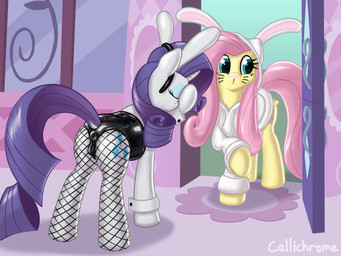anatomically_correct bunny_costume butt camel_toe clothing costume duo female feral fishnet_clothing fishnet_legwear hoodie horn legwear raised_tail tail topwear wings callichrome friendship_is_magic hasbro my_little_pony mythology fluttershy_(mlp) rarity_(mlp) equid equine mammal mythological_creature mythological_equine pegasus unicorn 4:3 hi_res