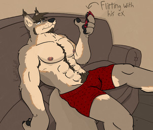 abs anthro areola barbell_piercing belly_hair belly_tuft biceps big_muscles big_pecs biped body_hair bottomwear breath broad_shoulders brown_body brown_fur bulge chest_hair chest_tuft clothed clothed_anthro clothed_male clothing detailed_background facial_hair fur furniture goatee hairy happy_trail holding_object lying male male_anthro mature_anthro mature_male muscular muscular_anthro muscular_male nipple_piercing nipples on_back pecs piercing pink_nipples pube_peek pubes red_bottomwear red_clothing red_shorts shorts sofa solo tan_body tan_fur text topless topless_anthro topless_male tuft v-cut kodiff_wolff travis_whiler canid canine canis mammal wolf alternate_version_at_source hi_res