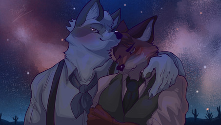 anthro barazoku blush claws clothed clothing duo embarrassed finger_claws fur hug hugging_another male male/male mature_anthro muscular muscular_anthro muscular_male night orange_body orange_fur smile white_body white_fur pinumontbalou echo_(series) echo_project the_smoke_room jim_sterling_(the_smoke_room) murdoch_byrnes canid canine canis fox mammal hi_res