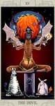 anthro bracelet card card_template fortune_telling group hair horn jewelry major_arcana male necklace orange_hair roman_numeral sitting tarot tarot_card text the_devil_(tarot) wings linco_a disney zootopia yax bovid bovine equid equine mammal yak zebra 2016 english_text hi_res