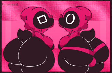 ambiguous_gender anthro big_butt black_body bottomless bottomless_anthro bottomwear bulge bulge_from_behind butt clothed clothed_anthro clothed_male clothing duo hood looking_back male pink_bottomwear pink_clothing tail text tunemon squid_game guard_(squid_game) unknown_species absurd_res artist_name hi_res