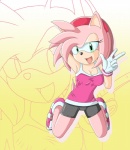 accessory amy_rose anthro anthrofied big_breasts breasts cleavage clothed clothing deaffinity deannart eulipotyphlan female gloves green_eyes hair hair_accessory hairband handwear hedgehog hi_res looking_at_viewer mammal pink_body pink_hair pose sega smile solo sonic_the_hedgehog_(series)