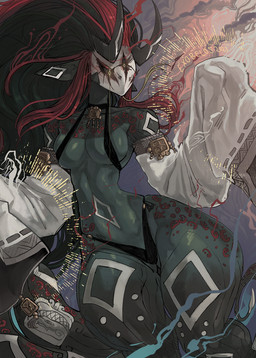3_eyes accessory anthro black_sclera curvy_figure facial_markings feathers female green_body green_skin hair hair_accessory head_markings horn horn_markings jewelry markings mask multi_eye pointy_ears red_hair solo spikes spikes_(anatomy) tail voluptuous exobelos ixkan_(exobelos) demon scalie hi_res