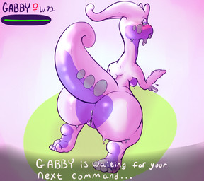 4_fingers 4_toes all_fours anthro anus big_butt biped breasts butt feet female female_symbol fingers gameplay_mechanics gender_symbol genitals glistening gui health_bar humanoid_feet level_number looking_back nipples non-mammal_breasts non-mammal_nipples nude number plantigrade presenting presenting_hindquarters presenting_vulva shadow side_boob slime soles solo symbol tail text thick_tail toes vulva bourbon_(artist) mythology nintendo pokemon gabby_(bourbon) dragon gastropod generation_6_pokemon goodra mollusk mythological_creature mythological_scalie pokemon_(species) scalie character_name english_text