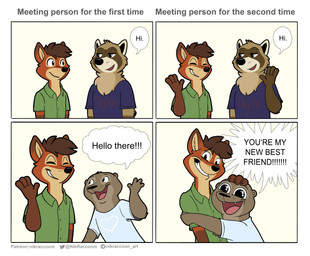 anthro clothed clothing comparing dialogue gesture greeting group hair hug humor interspecies male male_anthro open_mouth open_smile shirt smile standing t-shirt text text_on_clothing text_on_shirt text_on_topwear topwear trio waving yelling nikraccoom felix_(nik159) nik_(nik159) canid canine fox mammal mustelid otter procyonid raccoon 2021 absurd_res comic english_text hi_res multiple_scenes url