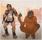 abstract_background brown_body brown_fur clenched_teeth clothing eyewear fur fur_growth glasses growth male mid_transformation nude shirt sitting solo species_transformation standing teeth topwear torn_clothing transformation drpickelle ape haplorhine human mammal orangutan primate 2016