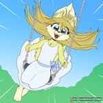 anthro black_nose blonde_hair blue_eyes clothing dipstick_tail dress female fur hair happy markings open_mouth outside solo swingset tail tail_markings text yellow_body yellow_fur young young_anthro young_female fuf polymorph canid canine fox mammal 1:1 hi_res url