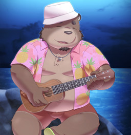 anthro belly bottomwear bulge clothed clothing detailed_background hat headgear headwear kemono lute male musical_instrument night open_clothing open_shirt open_topwear outside overweight overweight_anthro overweight_male plucked_string_instrument shirt shorts solo string_instrument topwear ukulele penta002 bear mammal 2020