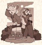 anthro blush breasts clothing day detailed_background emanata eyelashes female femboy footwear genitals heat_(temperature) lowering_pants male nipples open_mouth outside penis shoes side_nipple socks sun tail undressing puppeypawbs evelyn_(whygena) reggie_(whygena) kobold mammal murid murine rat rodent scalie 2024 absurd_res hi_res monochrome sepia