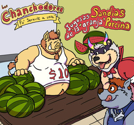 anthro belly clothing eyes_closed food fruit group inside male melon overweight overweight_male plant shirt text tongue tongue_out topwear watermelon watermelon_slice hared mammal procyonid raccoon suid suine sus_(pig) wild_boar 2020 hi_res spanish_text translated