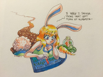anthro blonde_hair blue_eyes breasts carrot cleavage clothed clothing dialogue digging female food front_view hair long_ears map parody plant simple_background solo text vegetable white_background biorobo one_piece carrot_(one_piece) lagomorph leporid mammal minkmen_(one_piece) rabbit 4:3 english_text