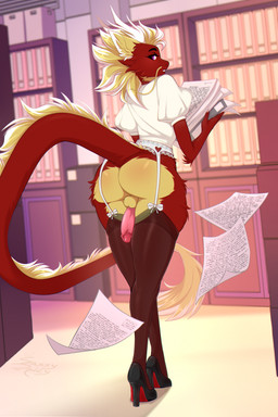 anthro backsack balls blonde_hair body_hair claws clothed clothing digitigrade erection femboy fingers fluffy fluffy_ears fluffy_hair fluffy_tail footwear fur genitals hair high_heels holding_object horn humanoid_genitalia humanoid_penis legwear male multicolored_body multicolored_fur multicolored_hair penis penis_between_thighs red_body red_fur red_hair school school_uniform shirt shoes solo tail tail_tuft thigh_highs topwear tuft uniform whiskers yellow_body yellow_fur sassyspicy asian_mythology east_asian_mythology mythology vitamin_c_(forwardpickup) dragon eastern_dragon mammal mythological_creature mythological_scalie scalie digital_drawing_(artwork) digital_media_(artwork) hi_res