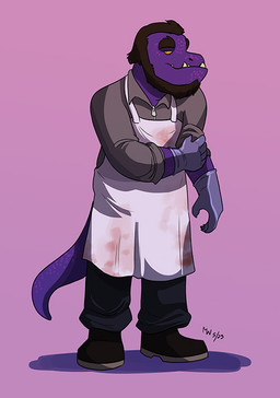 anthro apron beard blood blood_on_clothing blood_stain bodily_fluids bottomwear butcher_apron clothing dark_hair eyebrows facial_hair footwear gloves half-closed_eyes handwear male markings narrowed_eyes pants pink_background purple_body purple_skin shadow shirt shoes simple_background solo spots spotted_markings standing tail thick_eyebrows topwear tusks yellow_eyes lynxgriffin deltarune undertale_(series) fan_character reptile scalie 2023 dated shaded