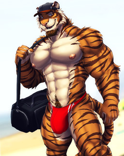 abs anthro beach biceps biped blurred_background bulge clothing coach countershading day detailed_bulge facial_hair looking_at_viewer male muscular muscular_anthro muscular_male pecs seaside solo sun swimming_trunks swimwear dream_and_nightmare night_(dream_and_nightmare) felid feline mammal pantherine tiger 2021 4:5 hi_res