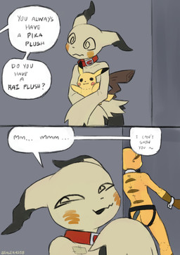 anthro biped collar collar_only dialogue female front_view holding_object holding_plushie inside nude nude_anthro nude_female open_mouth open_smile plushie smile solo speech_bubble spiral spiral_eyes standing tail text yellow_body sealer4258 nintendo pokemon mimi_(sealer4258) generation_7_pokemon mimikyu pokemon_(species) 2026 absurd_res comic digital_drawing_(artwork) digital_media_(artwork) english_text hi_res