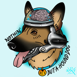 ambiguous_gender black_body black_fur black_nose blue_background blue_collar brain brain_dome brown_body brown_eyes brown_fur collar collar_tag exposed_brain feral fur multicolored_body multicolored_fur name_tag open_mouth organs pink_tongue simple_background solo tattoo tattoo_design text text_on_collar_tag tongue tongue_out wearing_collar quantum fallout microsoft rex_(fallout) canid canine canis cyberdog_(fallout) domestic_dog german_shepherd herding_dog mammal pastoral_dog 1:1 english_description english_text headshot_portrait low_res portrait signature male_(lore)