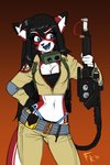 anthro black_hair blue_eyes blue_hair breasts cleavage clothed clothing costume cybernetics eyewear female fur ghostbuster gradient_background gun hair holidays machine midriff multicolored_body multicolored_fur navel panties proton_pack ranged_weapon red_body red_fur simple_background skimpy solo thong two_tone_body two_tone_fur underwear weapon white_body white_fur conditional_dnp fluff-kevlar ghostbusters halloween ara_(fluff-kevlar) android cyborg domestic_cat felid feline felis mammal robot 2015 2:3 digital_media_(artwork)