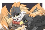 2021 ambiguous_gender anthro avian beak bird black_sclera blue_eyes brown_background brown_body brown_clothing brown_feathers brown_shirt brown_topwear clothed clothing cloudyiki digital_media_(artwork) duo facial_scar feathers grey_body grey_feathers hand_on_head hi_res kemono male multicolored_beak multicolored_body multicolored_feathers open_mouth orange_body orange_feathers red_neckwear scar shirt simple_background tan_body tan_feathers tongue topwear two_tone_beak white_background white_beak white_body white_feathers wings yellow_beak