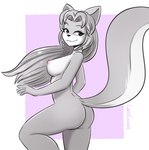 anthro black_nose blue_eyes breasts butt butt_pose countershading eyebrows female fingers fur grey_body grey_fur grey_hair hair looking_back nipples nude pink_nipples pose raised_tail smile solo tail white_body white_countershading white_fur cubedcoconut karma_faye canid canine canis mammal wolf 2019