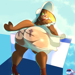 anthro big_breasts big_butt breasts brown_body butt butt_tattoo christian_cross christian_symbol clothing cross curvy_figure dress fangs female hat headgear headwear huge_butt huge_hips markings mole_(marking) non-mammal_breasts overweight overweight_anthro overweight_female palmorph piercing religion religious_symbol solo sun_hat sundress tattoo teeth thick_thighs translucent voluptuous wide_hips chankup christianity palworld pocketpair gretta_(chankup) aquatic dumud fish pal_(species) 1:1 absurd_res hi_res