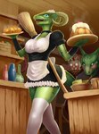 absurd_res anthro argonian black_clothing blue_eyes blush bodily_fluids bottle bread breasts broom cleaning_tool clothed clothing container detailed detailed_food felid female food frilly frilly_clothing green_body green_scales green_tail group hi_res holding_object horn khajiit legwear lifts-her-tail lim looking_at_viewer maid_uniform mammal microsoft razum-dar reptile scales scalie sweat sweetroll tail the_elder_scrolls the_lusty_argonian_maid thigh_highs tongue trio uniform white_clothing white_legwear