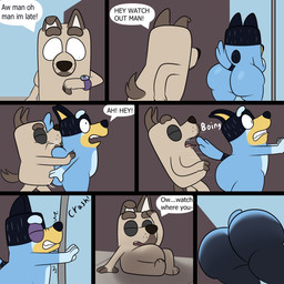 accident anthro big_butt black_body black_ears black_eyes black_fur black_nose black_tail blue_body blue_fur blue_tail brown_body brown_ears brown_fur brown_nose brown_tail butt clock duo exclamation_point eyes_closed falling front_view fur hand_on_head hand_on_own_head looking_at_object low-angle_view male multicolored_body multicolored_fur on_ground one_ear_up onomatopoeia outside rear_view running side_view sound_effects speech_bubble tail teeth text thick_thighs three-quarter_view two_tone_body two_tone_fur two_tone_tail watch yellow_body yellow_fur colossalstars bluey_(series) bandit_heeler australian_cattle_dog canid canine canis cattledog domestic_dog herding_dog mammal pastoral_dog 1:1 2025 comic digital_media_(artwork) english_text hi_res