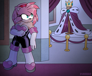 accessory against_surface against_wall alternate_costume anthro armwear bare_shoulders boots breasts cleavage clothed clothing clothing_swap cosplay crown elbow_gloves female footwear gloves hair hair_accessory hairband handwear headgear heart_clothing heart_symbol inside legwear mantle museum pink_hair red_hairband shoes sneaking solo thigh_boots thigh_highs nico_neko sega sonic_the_hedgehog_(series) amy_rose rouge_the_bat eulipotyphlan hedgehog mammal 2024 hi_res