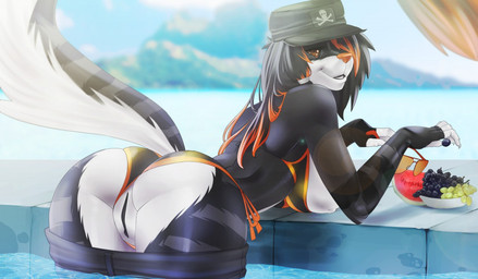 anthro bent_over black_hair bottomwear bra breasts butt clothing clothing_aside detailed_food female food fruit genitals hair hat headgear headwear melon nipples panties panties_aside plant presenting presenting_hindquarters shorts smile solo tropical underwear underwear_aside vulva water watermelon watermelon_slice t.g.r.s.l felid mammal 2017 detailed