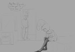 anthro claws clothing dialogue dresser duo female furniture hand_in_pocket hoodie legwear male pantyhose pockets putting_on_clothes simple_background text topwear agidyne rose_(agidyne) stephen_(agidyne) lagomorph mammal english_text monochrome sketch